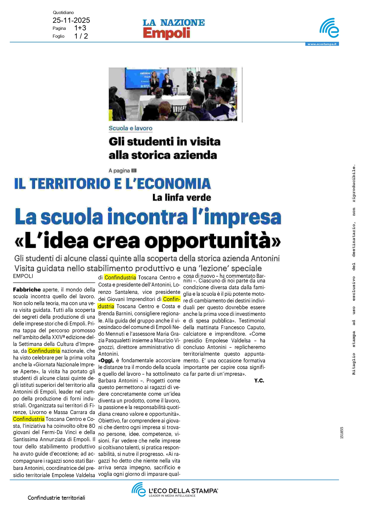 Antonini Empoli - La scuola incontra l'impresa - Press | Antonini Srl